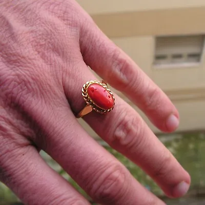 Vintage Round Salmon Red  Coral On Silver 925 Gold Ring- Size 75 USA • $52.19