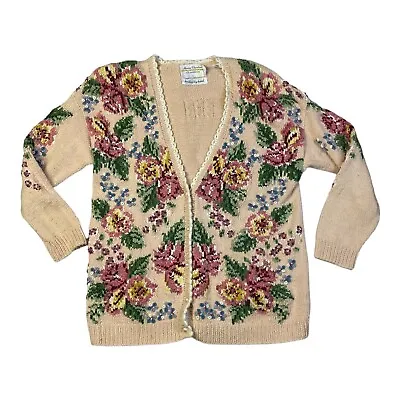 Vintage Marisa Christina Cardigan Sweater Womens L Hand Knit Floral Pink • £39.05