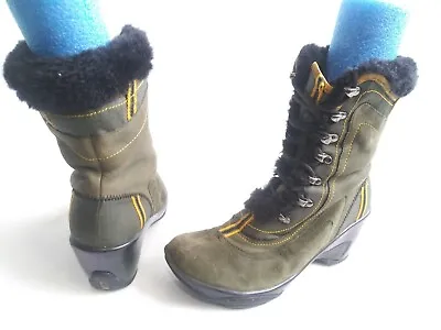 J-41 PACIFIC Fur Lace Up Hiking Fashion Wedge Sneaker Boots Green Nubuck SZ 6.5 • $65