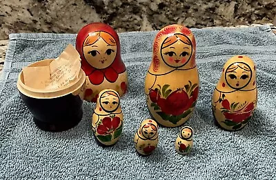 Vintage Hand Painted Wooden Russian Nesting Stacking Matryoshka Dolls Set Of 6 • $14.75