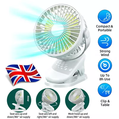 £4.89 • Buy Clip On Fan 3 Speed USB Rechargeable Mini Cooling Desk Baby Stroller Portable UK