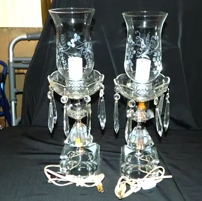 Pair Of Vintage Crystal Hurricane Lamps All Prisms & Shades Ex Working Cond • $19.99