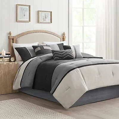 Black Gray Grey Stripes Color Block 7 Pc Comforter Set Queen Cal King Bedding • $133.90