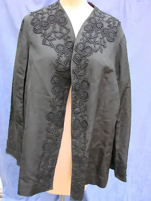 Vintage Victorian Frock Coat Jacket BLACK Lace Appliques M Antique BELL SLEEVES • $92.72