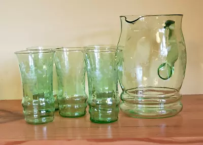 Vintage Green Uranium Depression Glass Water Pitcher W/ 5 Glasses Etched Grapes • $150