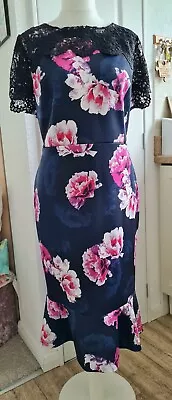 JD WILLIAMS Size 18 Navy Pink Floral Dress Short  Lace Sleeve Flare Raw Hem BNWT • £10.99