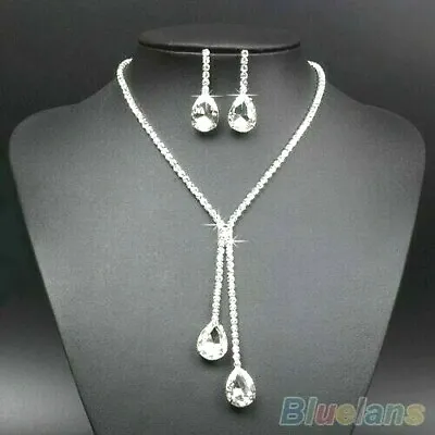 Silver Necklace And Earring Set Sparkling Crystal Rhinestones Teardrop Wedding • £5.25