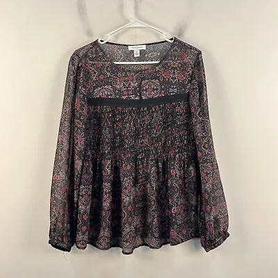Vintage Ameria Womens Medium Top Shirt Blouse Black Sheer Floral Smocked 20770 • $29