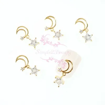 5 Dangle Style Hollow Moon Star Zircon Alloy Charms Nail Art Jewelry Decorations • $6.98