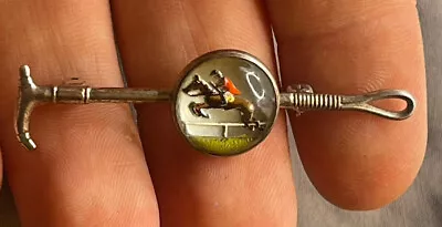 VINTAGE EQUESTRIAN STERLING SILVER PAINTED ESSEX GLASS HUNT STOCK TIE PIN 3.6 G • $125.99