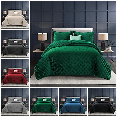 Luxury Crushed Velvet Quilted Bedspread Bed Throw Double King Size Bedding Set • £31.31