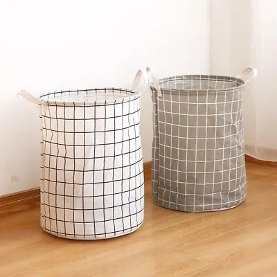 Cotton Linen Dirty Laundry Basket Foldable Round Waterproof Organizer Bucket • £15.35