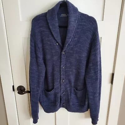 $268 Polo Ralph Lauren XXL Indigo Blue Fisherman Cardigan Sweater Grandpa Shawl • $64.98