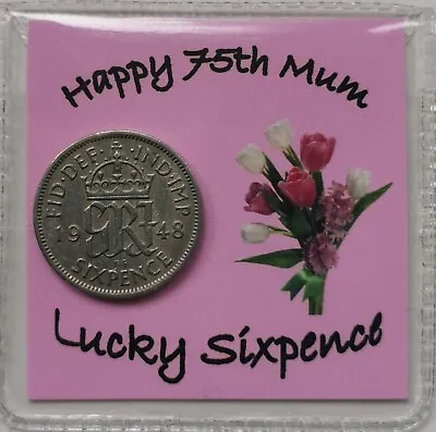 75th Mum Happy Birthday Sixpence Gift *1949 Coin For 2024-  *Pink Flower Design* • £2.99