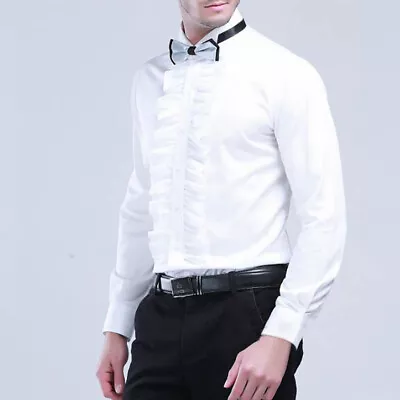 Mens Gents Cotton Wing Collar White Ruffled Front Slim Shirt Party Formal Blouse • $189.76