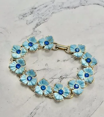 Vintage Gold Tone Link Bracelet Blue Plastic Flowers Rhinestone Center 7in • $14.99