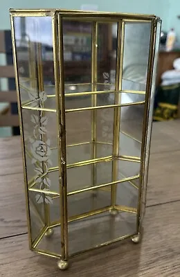 Vtg Etched Floral Glass Brass Mirrored Curio Display Cabinet Table 10  T X 6  W • $70