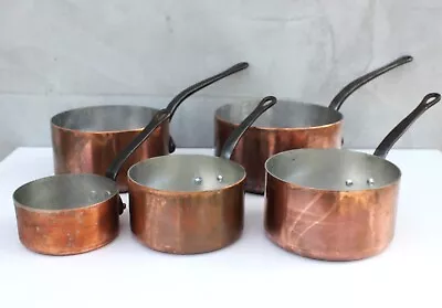 French Copper Pans Set Of Five Saucepans And Iron Handles Marked Havard • $310