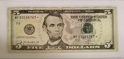 2013 (F) $5 Five Dollar Bill Federal Reserve Note Star Note Atlanta MF03166767* • $10.95