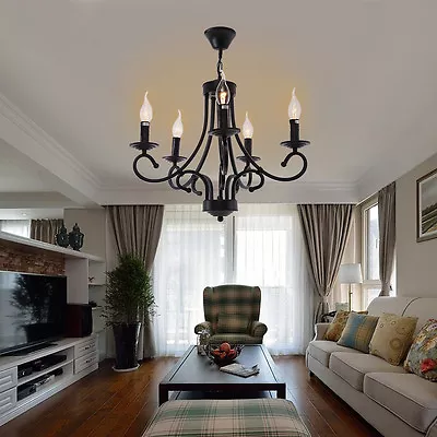 Black Metal 5-Light Chandeliers Classic Candle Ceiling Pendant Light Fixture E14 • £39.99