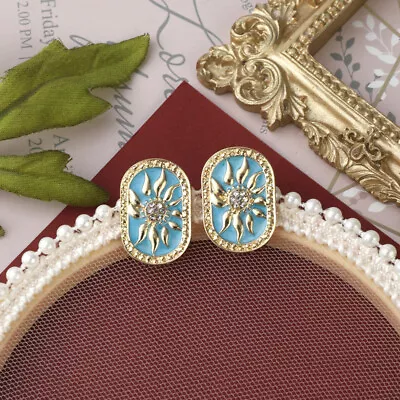 Medieval French Style 925 Silver Sun Vintage Enamel Earrings Womens Jewelry • $7.35