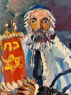 Morris Katz Signed Amazing Original Oil Painting 1988  Rabbi Lifting The Torah  • $285