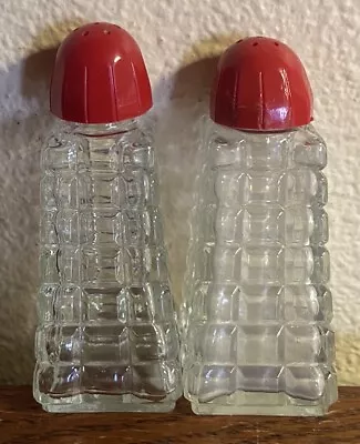 VINTAGE 3.5” KITCHEN RED TOP CRYSTAL SALT & PEPPER SHAKERS Square Cut • $20.90