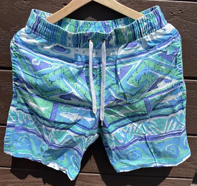 Maui And Sons Board Shorts Geometric Pattern Sharks Size 32 Green Blue • $9