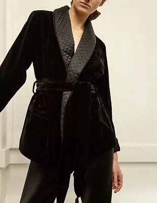 Quilted Velvet Jacket Vintage Black Smoking Blazer Robe Leisure Dressing Gown • $189