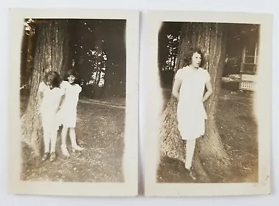 Vintage Snapshot Photographs Girls Leaning Against A Tree • $5