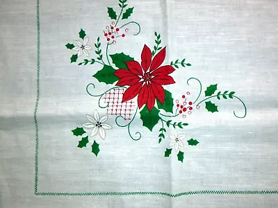 NOS Vtg Zyrardow Linen Christmas Tablecloth Poinsettias 50x69 Poland • $42