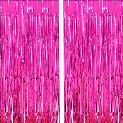 2 Pcs 3.2ft X 8.2ft Shiny Hot Pink Metallic Tinsel Foil Fringe Curtains Photo... • $11.33