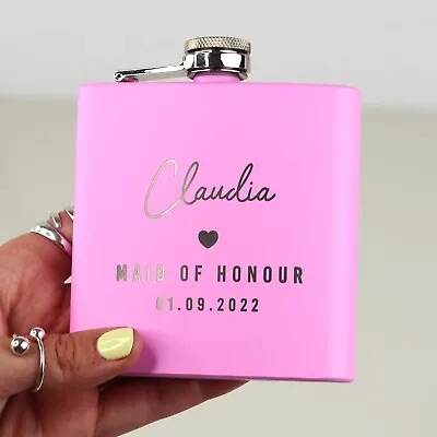 £8.99 • Buy Personalised 6oz Pink Hip Flask Wedding Party Gift Bridesmaids Bride Canteen