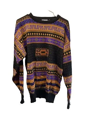 Men Vtg Meister Ski Sweater Purple Black Abstract Wool Blend Size LG 80s 90s Y2K • $18