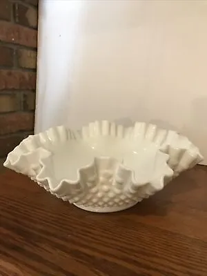 Fenton Milk  Glass Hobnail Fruit Bowl With Ruffled Edge Low Pedestal • $20