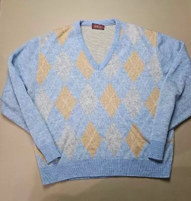 Vintage Highland Argyle Mens Sweater Blue & Yellow Diamond Pattern Sz L Made In • $22.99