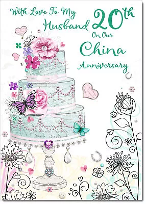 Doodlecards Husband China 20th Wedding Anniversary Card Wedding Cake A5 Or A4 • £3.49