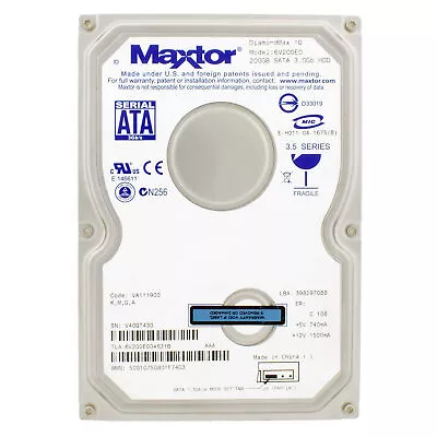 Hard Drive Maxtor 200GB DiamondMax 10 7200U/Min SATA II 8MB 6V200E0 35 Inch • $43.72