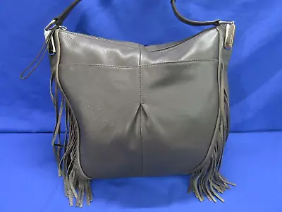 B. MAKOWSKY Lined SOFT ITALIAN LEATHER Zip FRINGE SIDES Gray Shoulder Hobo Bag • $43.50