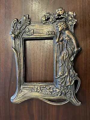 Art Nouveau Woman Flower Moon Nymph Cast Iron Copper Standing Picture Frame VTG • $22.40