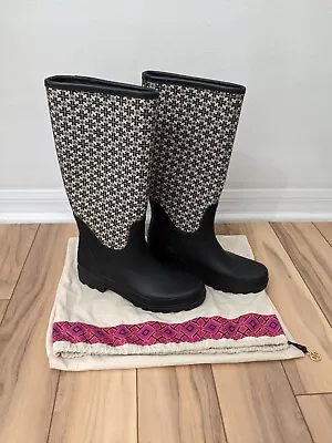 EXCELLENT COND! Tory Burch Black And Ivory Logo Women's Rain Boots Size 9 • $89