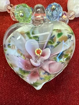 Hand Blown Art Glass Heart Pendant Murano-Style Necklace Floral Pink Crystal 16” • $15