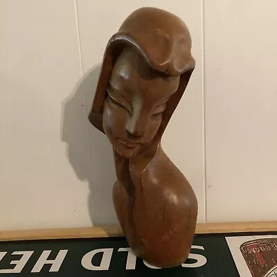 Mid-century Modern Teak Wood Sculpture Of A Woman's Head 10” Bust • $39.99
