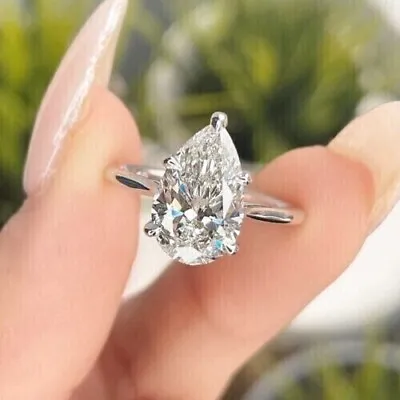 3 CTW Pear Cut  14k White Gold Plated Moissanite Solitaire Engagement Ring • $90