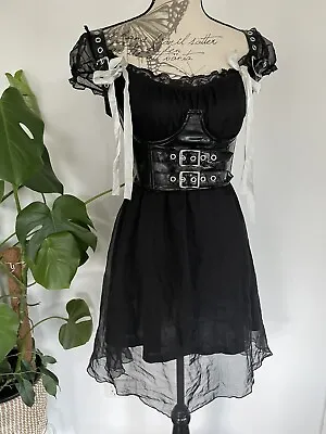 Vintage Style Sheer Black Chiffon Mesh Puff Sleeve Babydoll Mini Dress Goth • $50