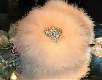 Dusting Body Powder Puff ~ Down Trim Rhinestone Handle Hollywood Glam Vanity • $34.95