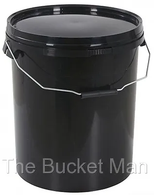 25 L Ltr Litre Black Plastic Bucket Container With Lid And Metal Handle FoodSafe • £11.99