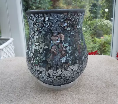 Large Fabulous Mosaic Glass Crackle Midnight-Blue Vase Lantern Candle Holder • £12.50