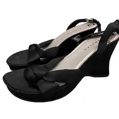 Ellemenno Womens Sz 10 Vintage Y2K 1990s Black Satin Strap Wedge Heels • $18