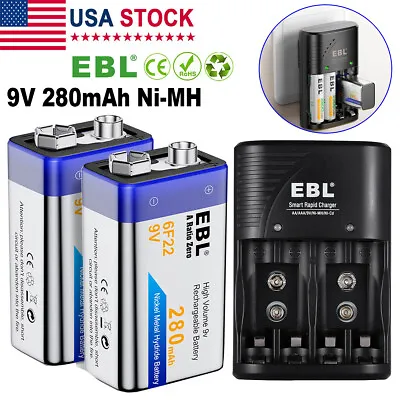 2 X EBL 280mAh 9V 6F22 Ni-MH Rechargeable Battery + 9 Volt Batteries Charger • $13.99